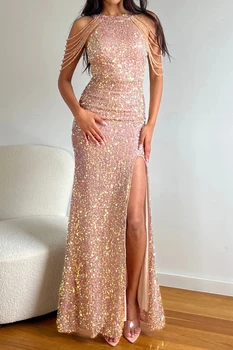 YIDINGZS Fuera del Hombro Rebordear Lentejuelas de Oro Vestido de Fiesta Vestido de Mujer Sexy Vestido de Noche
