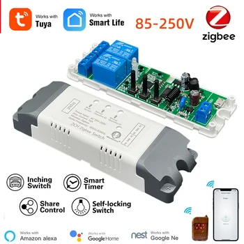 Zigbee 2 Canal de 80-250V ZigBee Smart Relé Interruptor Auto Lock y Momentánea de Enclavamiento del Modo de Trabajo,Funciona con Alexa, Google Hogar