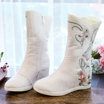 Étnico Bordado de las Mujeres Botas de Hanfu Zapatos de Invierno de Altas Botas de Mujer Caliente con Bordado Floral de Peonía Zapatos de las Mujeres Zapatos de Tela